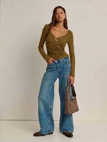 Nöista Women's Plum Rib Ruffle Keyhole Top,Olive Green,Autumn,Casual,Everyday Long Sleeve Shirt For Fall ,Back-To-School Teacher Wear & Date Night - Mustard Yellow - View 7
