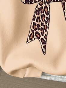 休闲复古豹纹蝴蝶结设计宽松圆领舒适针织长袖卫衣，适合年轻女孩，卡其色，适合秋冬季节穿着。可爱女童卫衣，蝴蝶结卫衣，蝴蝶结女童服装，猎豹纹卫衣 - 彩色 - 查看 5