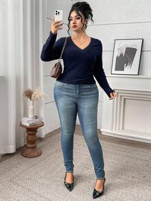 Modelyn Áo thun ôm dáng cổ chữ V đơn giản, màu trơn, họa tiết ren, thoải mái khi đi làm hàng ngày, cỡ lớn dành cho nữ, mùa xuân/thu - Màu xanh hải quân - Xem 6