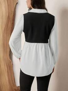 SHEIN LUNE Women Plus Size Color Block Long Sleeve Casual Top, Autumn Holiday Outfit - Black and White - View 2