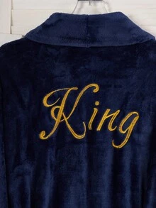 Men's Plush Flannel Bathrobe, Autumn/Winter, Luxury Navy Blue Robe With Embroidered English Text On Front And Back, Shawl Collar, Drop Shoulder, Long Sleeve Robe For Fall Winter, Fluffy, Cozy