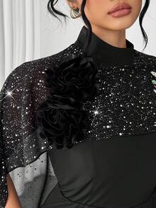 SHEIN Clasi Eleganter Damen Große Größen Schal mit 3D Blumen und Glitzer, einfarbiges knielanges Kleid, geeignet für Party und Veranstaltungen - Schwarz - Übersicht 6