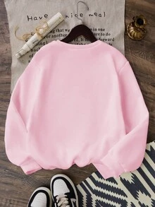 少女“寻找内心平静”蝴蝶印花圆领运动衫，可爱又休闲 - 粉色 - 查看 2