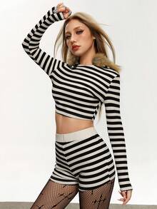 INAWLY Women's Fashion Casual Minimalist Romantic Vacation Elegant Striped Hooded Long Sleeve Top And Shorts 2-Piece Set - Black and White - View 3