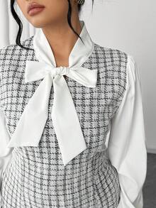 Elenzga Plus Size Color Block Patchwork Bow Decor Reversible Elegant Romantic Dress For Women, Autumn - Multicolor - View 8