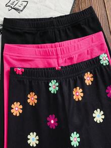 Young Girl 3pcs/Set Floral Print+Black+Pink Pants,Matching Sister Set,Autumn/Winter Base Layer Bottom,Brown Polka,Summer,Back-To-School Casual Pants - Multicolor - View 6