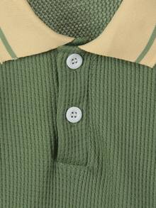 男婴长袖 Polo 衫，绿色纽扣半拉链套头衫休闲针织华夫格毛衣，春/秋 - 綠色 - 查看 4