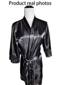 SHEIN 缎面女式蕾丝花边浴袍、新娘浴袍伴娘礼物、蕾丝睡衣系带休闲浴袍、夏季浴袍、开学季浴袍 - 黑色 - 查看 7