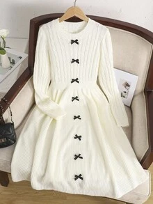 SHEIN Serisse Kids Tween Girls Elegant Round Neck Waist Fitted Knit Midi Dress With Contrast Front Bow For Winter, Knitted Dress Solid White Long Sleeve Knit Dress, Classic Elegant Round Neck Waist Fitted Knit Midi Dress. White Winter Dress, Autumn Winter White Knitted Dress, White Long Sleeve Dress Fall Tween Modest Dress Mom And Daughter Matching Dress Girls Spring Autumn French Style Dress Mommy And Me Dress