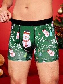 Notgurli Cuecas boxer de comprimento médio para homens com estampa engraçada de Papai Noel, caixa de presente, bengala de doce, sinos, flocos de neve, boneco de neve e família em festa de Natal - Verde - Visão 5