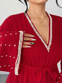SHEIN Elenzya Christmas Plus Size Beaded Decor Elegant Party Dress - Red - View 3