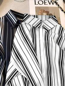 Franclia 女士休闲通勤条纹纽扣衬衫，秋季 - 黑與白 - 查看 6