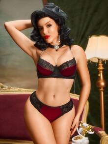 蕾丝拼布复古链条女士内衣套装 - 黑色 - 查看 4