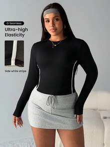 Rhythm Era Plus Size Women Seamless Side Mesh Patchwork Long Sleeve Sportswear - Black - View 3