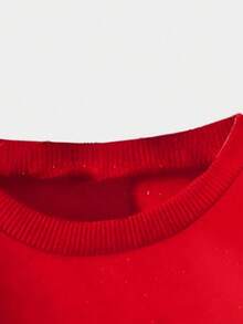 SHEIN 年轻女孩豹纹字母印花长袖休闲圆领运动衫，秋冬 - 紅色 - 查看 7