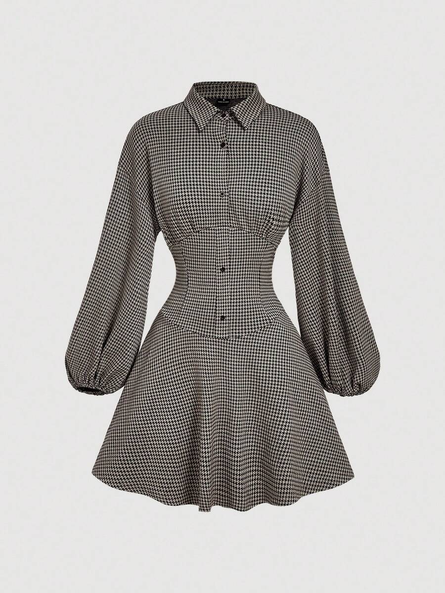 SHEIN MOD 女式荷叶边下摆领口长袖束腰迷你连衣裙 - 彩色 - 查看 1