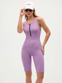 Eassivo Eassivo Women's Casual Sports Zipper Half-Zip Jumpsuit - Violet Purple - View 1