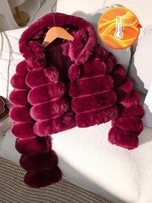 SHEIN 1 件女童柔软人造毛皮夹克，优雅长袖短款修身连帽外套，适合秋冬季