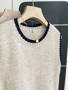 Franclia Casual Loose Crew Neck Sleeveless Knit Contrast Trim Khaki Sweater Top For Women, Spring/Autumn - Apricot - View 3