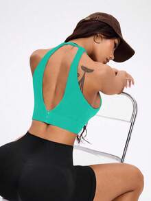 Core Rhythm 女士性感纯色露背吊带运动文胸 - 綠色 - 查看 2