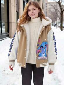 SHEIN Áo khoác hoodie lót nỉ giữ nhiệt in chữ và hoạt hình tay dài cho bé gái tuổi mới lớn, mùa thu/đông - Màu Khaki - Xem 4