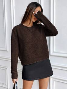 Pariaura Slouchy Solid Color Crew Neck Knit Long Sleeve Sweater - Coffee Brown - View 6