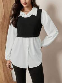 SHEIN LUNE Women Plus Size Color Block Long Sleeve Casual Top, Autumn Holiday Outfit - Black and White - View 4