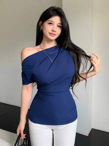 Celisse Women's Solid Color Pleated Asymmetric Collar Elegant Short Sleeve Blouse - Navy Blue - View 5