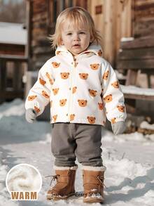 Cozy Pixies 男婴卡通熊图案连帽羊毛加厚外套