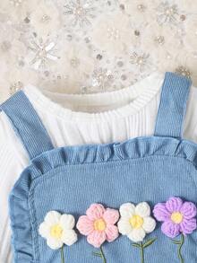 3 件套女婴甜美风格白蓝圆领长袖上衣、围兜裤、配套帽子套装，适合外出、休闲装、儿童派对 - 藍色 - 查看 6