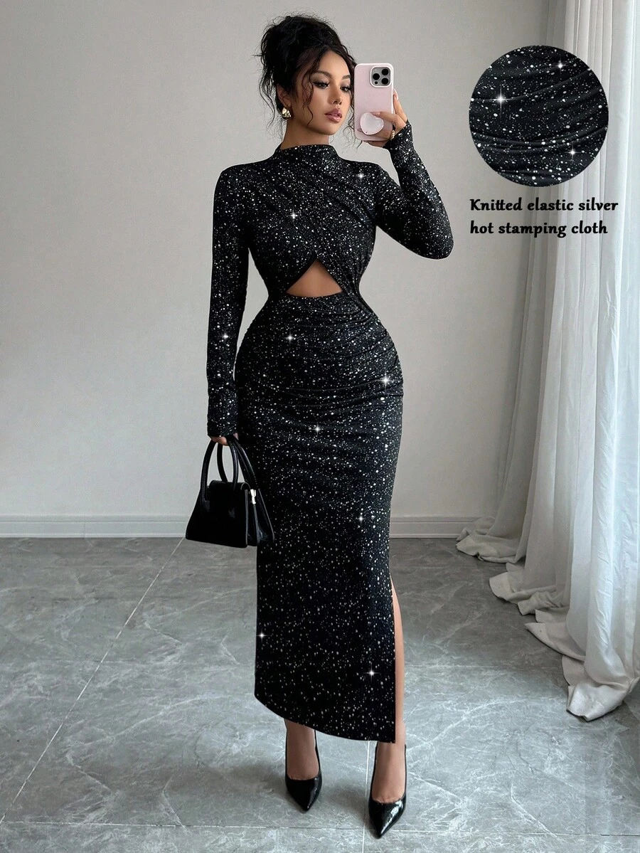 Elenzga New Women's Sexy Metallic Knit Stand Collar Long Sleeve Ruched Waist Hollow Out Design Slit Hem Maxi Dress, Versatile For Party And Daily Wear, Spring/Autumn Fall Cloth For Women