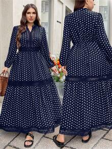 SHEIN LUNE Đầm ren cổ tròn tay loe chấm bi thanh lịch cỡ lớn dành cho nữ, phù hợp cho mùa xuân và mùa thu - Màu xanh hải quân - Xem 7