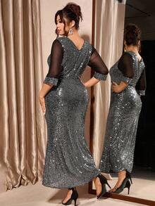 Cravure Christmas Plus Size Women Crew Neck Mesh Patchwork Sequin Bodycon Dress - Silver - View 2
