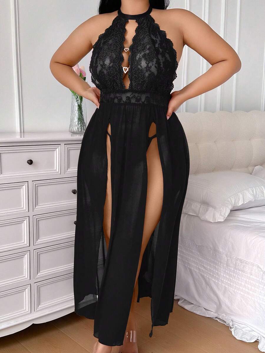 SHEIN Bộ đồ lót gợi cảm không dây phối ren cỡ lớn 2 món - màu đen - Xem 1