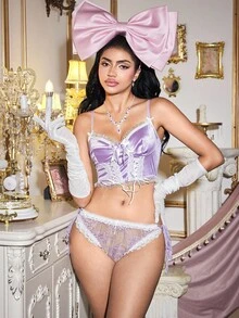 FairyFlirt 迷人公主紫色诱人蝴蝶结甜美风格文胸，适合卧室、万圣节、情人节 - 紫丁香色 - 查看 7