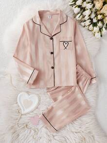 女童香槟色条纹长袖开衫和裤子两件套睡衣套装 - 彩色 - 查看 3