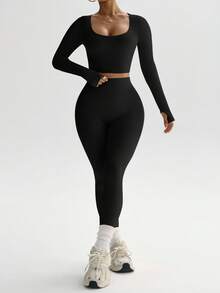 Easithlete Áo thun thể thao hở ngón tay cái và áo thun thể thao hở ngón và quần bó tập luyện cho nữ Bộ đồ tập luyện cho nữ Bộ quần bó cho nữ - màu đen - Xem 5