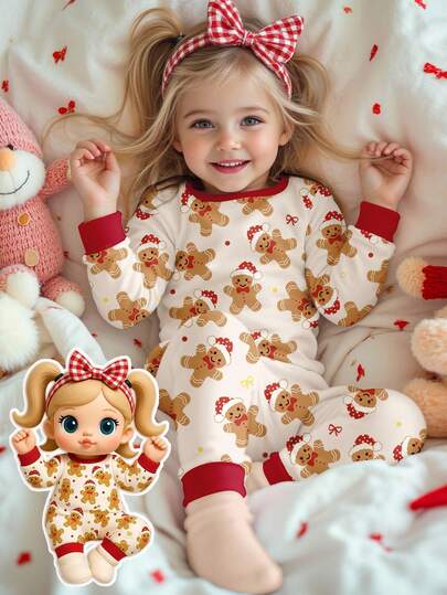 SHEIN Cream White, Christmas Series, Super Cute Gingerbread Man, Mini Bow, Polka Dot Print, Young Girl Casual Minimalist Soft & Comfortable Long Sleeve & Pants Pajama Set, Snug Fit, Suitable For Autumn/Winter