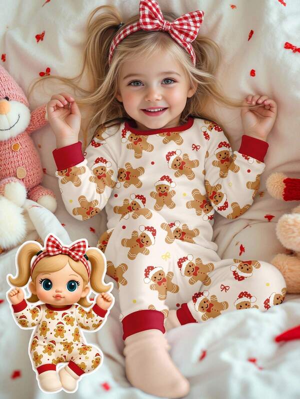 SHEIN Cream White, Christmas Series, Super Cute Gingerbread Man, Mini Bow, Polka Dot Print, Young Girl Casual Minimalist Soft & Comfortable Long Sleeve & Pants Pajama Set, Snug Fit, Suitable For Autumn/Winter