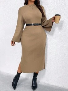SHEIN Clasi 加大码纯色合身开衩下摆优雅长袖毛衣裙 - 駝色 - 查看 6