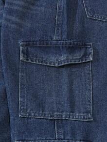 SHEIN Sparklyn Tween Girl Y2K 休闲多口袋抽绳腰部浅色水洗蓝色工装牛仔裤 - 深色水洗藍 - 查看 6