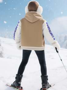 SHEIN Áo khoác hoodie lót nỉ giữ nhiệt in chữ và hoạt hình tay dài cho bé gái tuổi mới lớn, mùa thu/đông - Màu Khaki - Xem 2