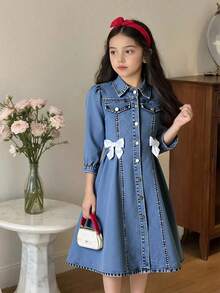 Genkimix Kids Denimly Tween Girls Vintage Casual Urban Preppy Cute Sweet 3/4 Sleeve Dress With Front Center Hand-Sewn White Bow Fall Winter