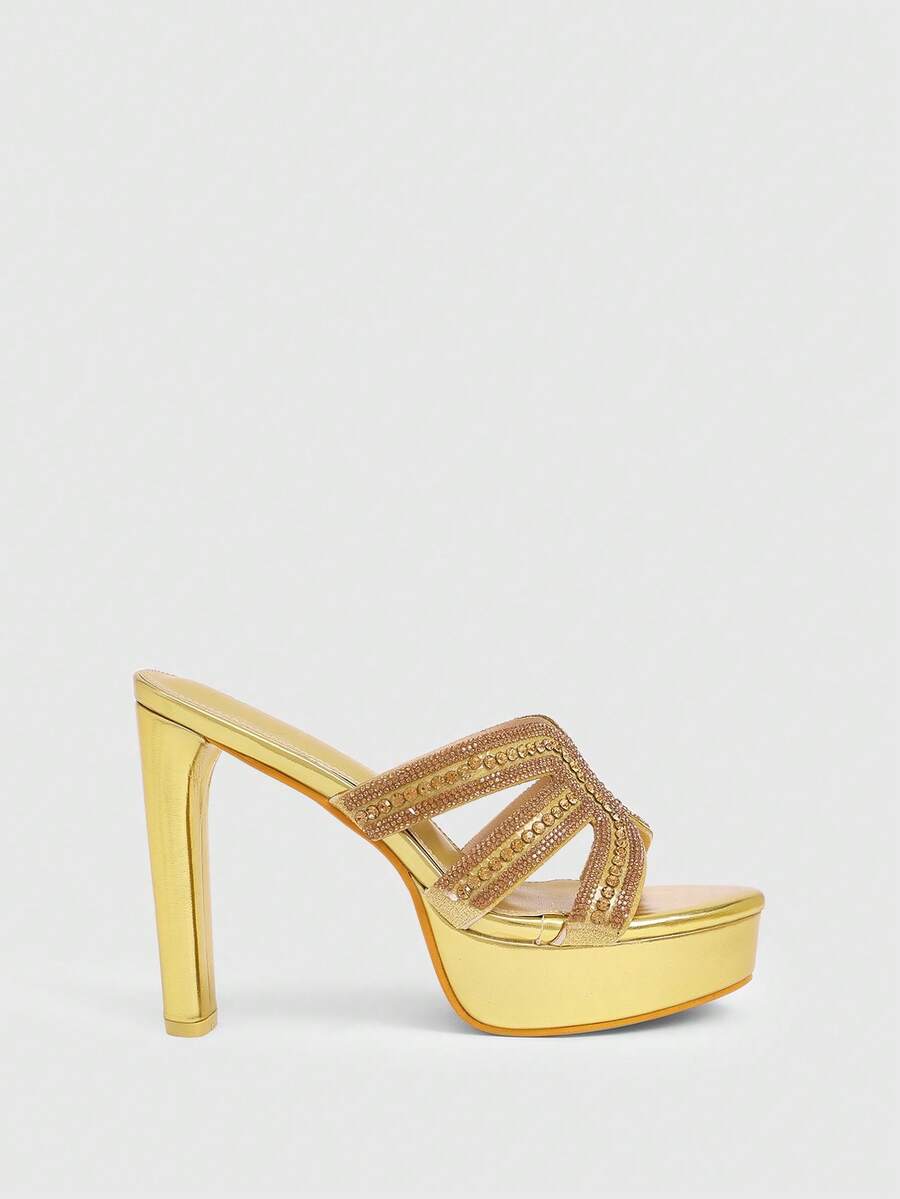 CUCCOO LuxiPop 女士性感时尚粗跟防水台高跟凉鞋，适合万圣节、圣诞节、派对、夜店装扮 - 金色 - 查看 1