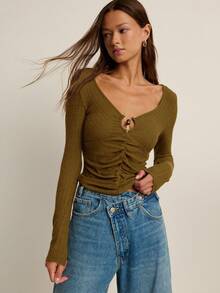 Nöista Women's Plum Rib Ruffle Keyhole Top,Olive Green,Autumn,Casual,Everyday Long Sleeve Shirt For Fall ,Back-To-School Teacher Wear & Date Night - Mustard Yellow - View 3