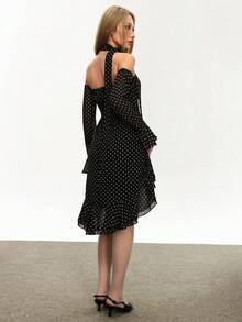Rina Fox 女士优雅通勤波尔卡圆点 3D 花卉荷叶边下摆露肩雪纺连衣裙 - 黑色 - 查看 2