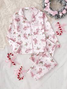 2件套女童可爱蝴蝶结印花翻领开衫和休闲裤舒适睡衣套装 - 彩色 - 查看 3