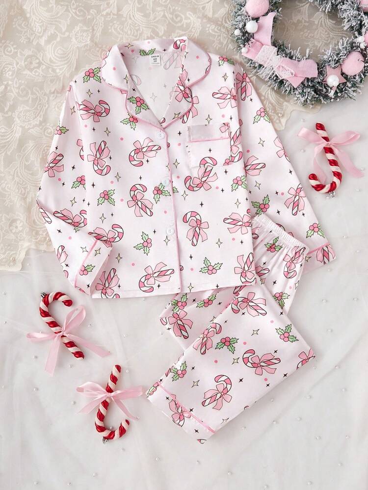 女の子用かわいいリボン柄カーディガン&カジュアルパンツ快適パジャマセット 2点セット - マルチカラー - 見る 3