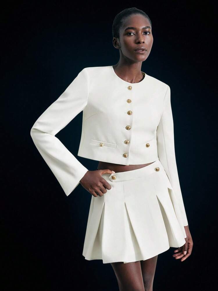 SHEIN Maija 2025 Classic Round Neck Jacquard Loose Cropped Jacket For Women, Suitable For Early Autumn Back To School ,2025 White, Metal Button, Elegant , Autumn, Winter Outerwear, Urban Casual, Suitable For Christmas Dinner, Family Gatherings, Valentine's Day Attire, Graduation , National Day, Old Money Style