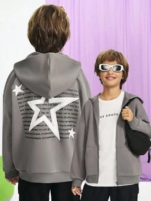 SHEIN Tween Boys 宽松休闲街头灰色超宽松落肩后背字母星星印花连帽拉链运动衫夹克 - 深灰色 - 查看 3